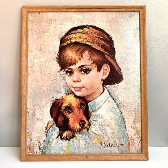 Vintage Medeiros Boy with Dog Signed Framed Print - Picture 2 of 7